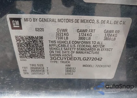 2020 Chevrolet Silverado 1500 4Wd Standard Bed Lt z USA, uszkodzony, nr VIN 3GCUYDED7LG272042